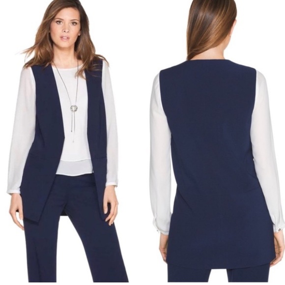 White House Black Market navy blue poly spandex long line open vest NWT SIZE 4 - Picture 6 of 11